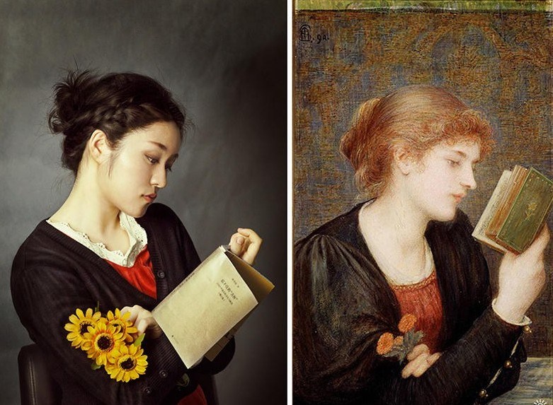 女孩模仿世界名画造型似穿越