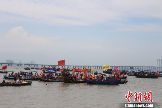 9日，第十届闽台对渡文化节暨蚶江石狮泼水节举行，上百船只海上追逐泼水。　廖静 摄