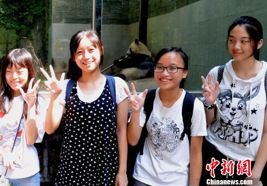 台湾新竹女中4位女生与大熊猫合影留念。　记者刘可耕 摄