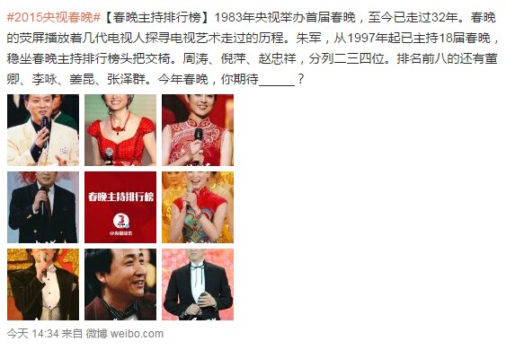 春晚主持人排行朱军第一 网友盼董卿上羊年春晚