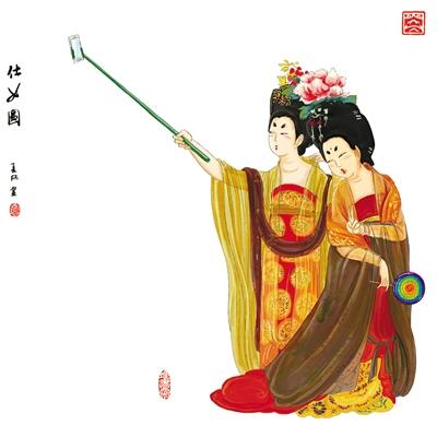 艺术家画"现代古人"：萧何骑车追韩信 仕女玩自拍